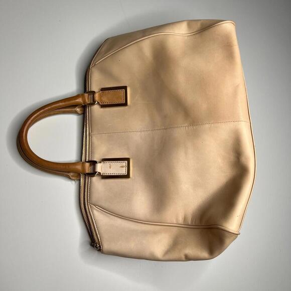 Calvin Klein Beige Leather Satchel Tote Bag Gold Hardware Structured Large Purse - Picture 9 of 15